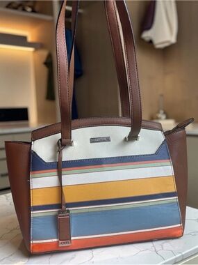 Chaps Striped Shoulder Bag Multicolor Brown Blue Yellow Handbag